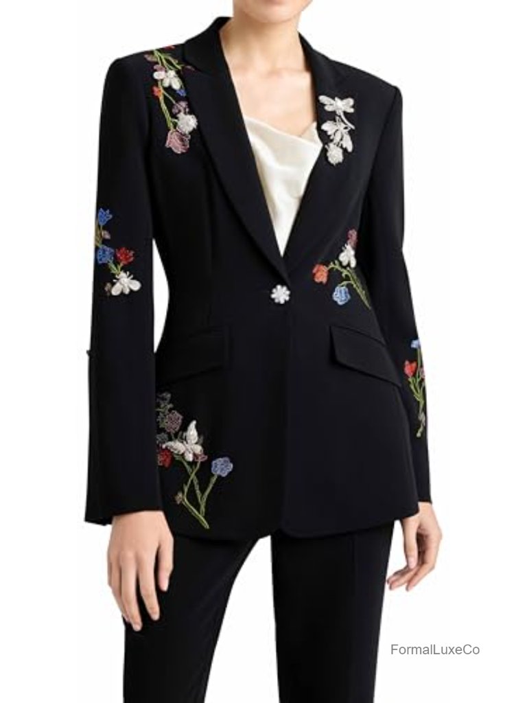 Beaded Floral Blazer With Jeweled Buttons - Long Sleeve